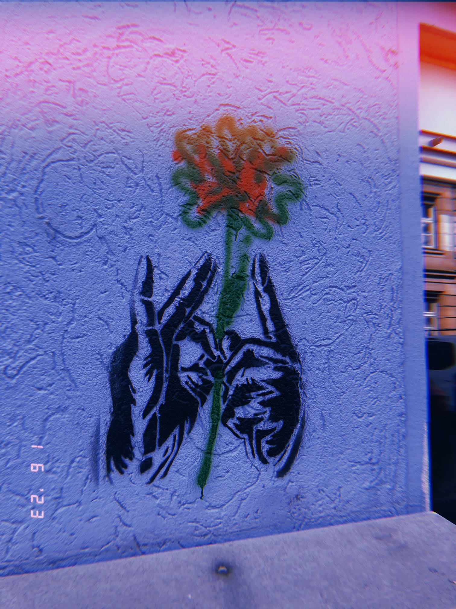 手が花を掲げるストリートアートのステンシル