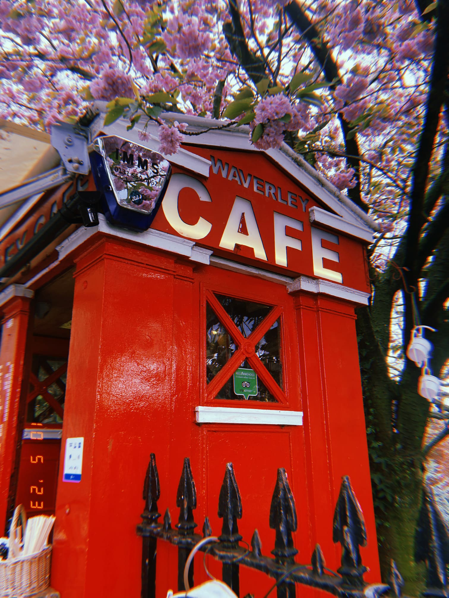 桜と赤いボックス型のカフェ