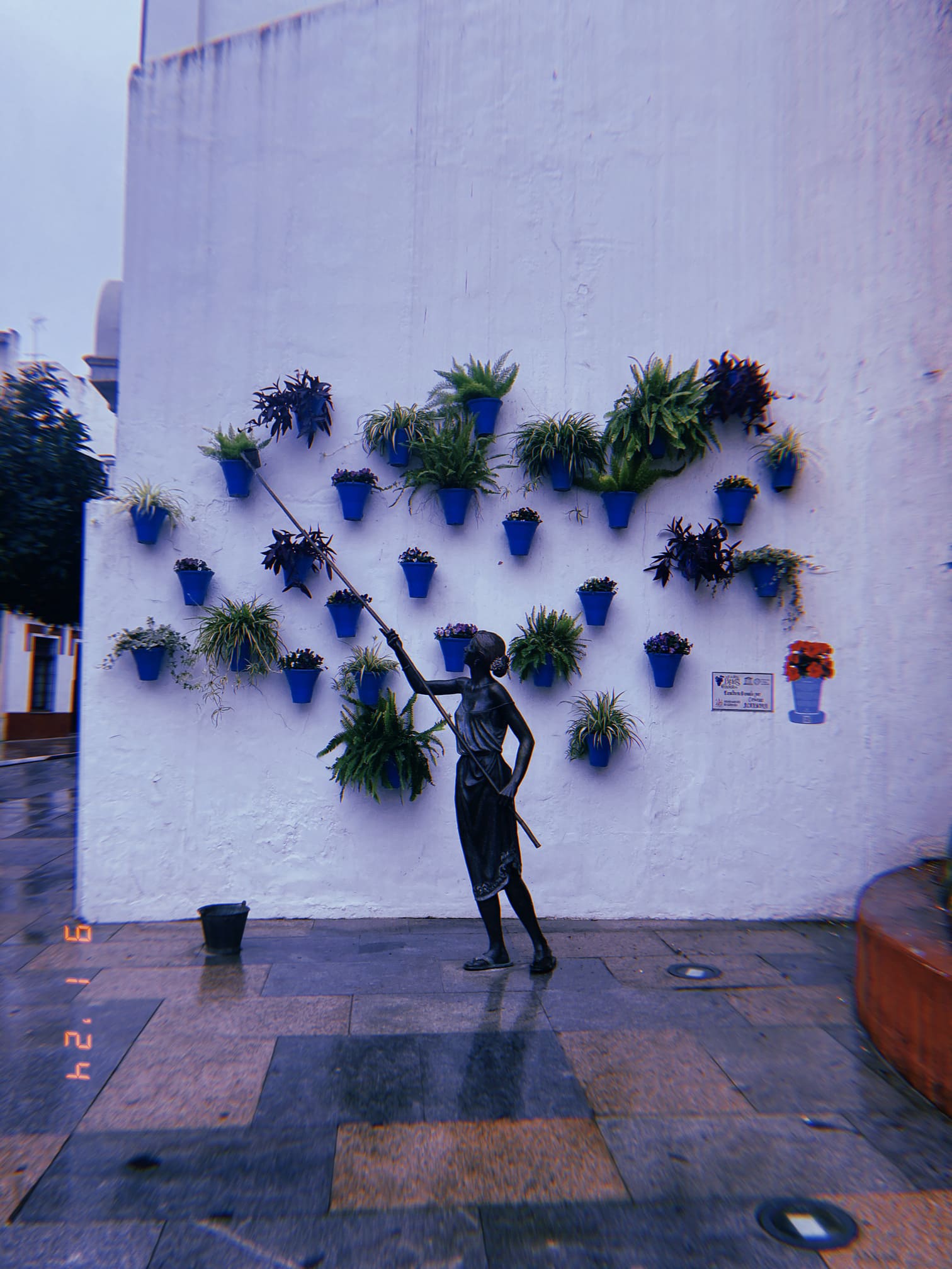 青い鉢植えが並ぶ白壁と女性像のある広場