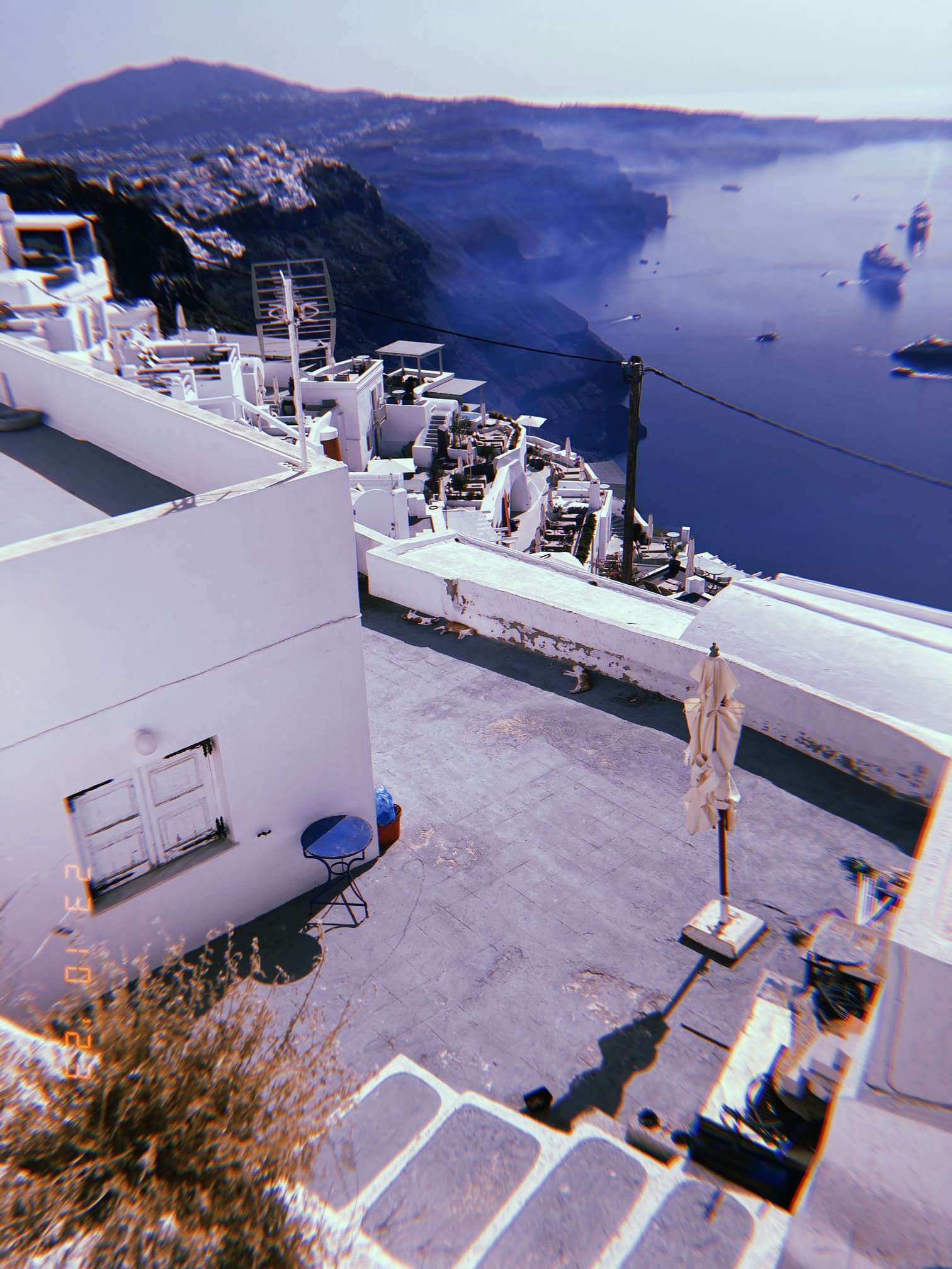 サントリーニの白壁と海、日陰に休む猫